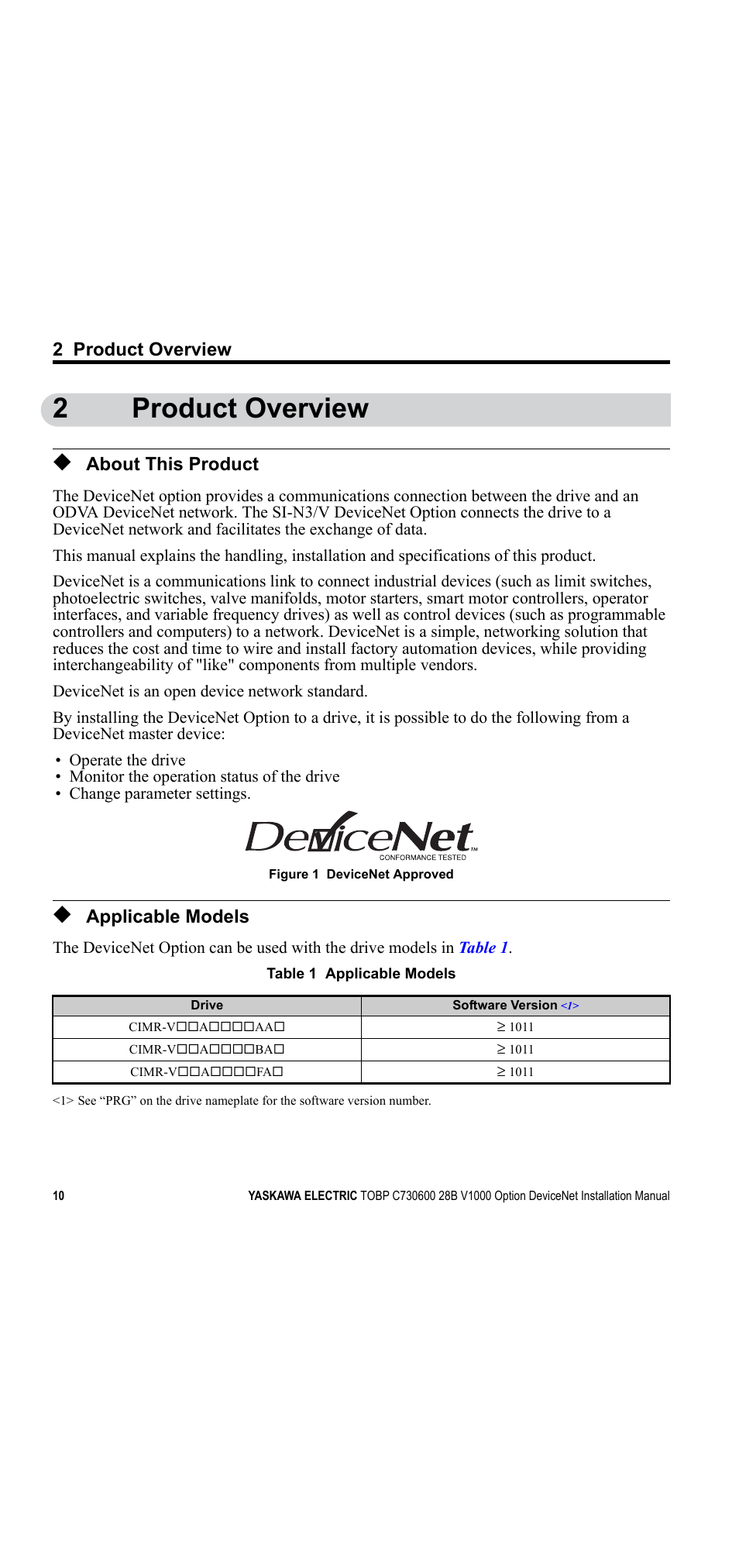 2 product overview, About this product, Applicable models | 2product overview | Yaskawa V1000 Option DeviceNet User Manual | Page 10 / 37