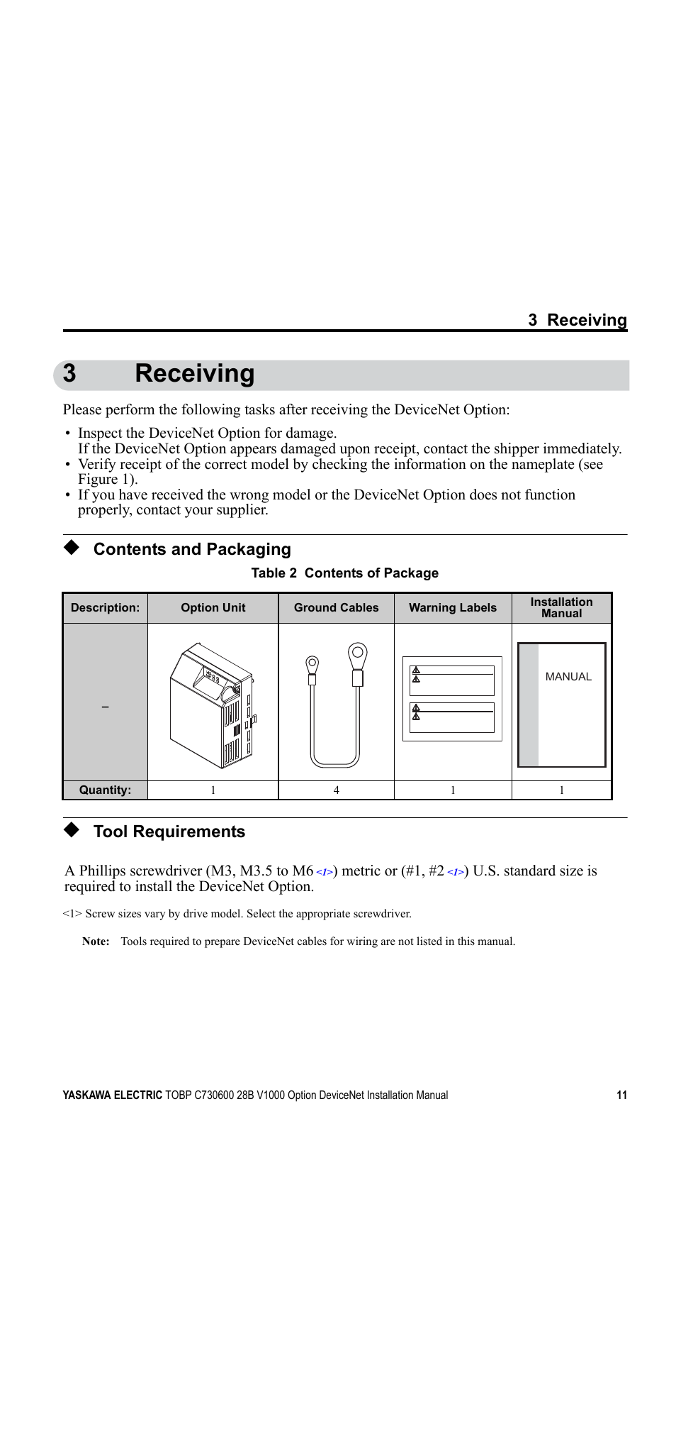 3 receiving, Contents and packaging, Tool requirements | 1 preface and, 3receiving | Yaskawa V1000 Option DeviceNet User Manual | Page 11 / 37