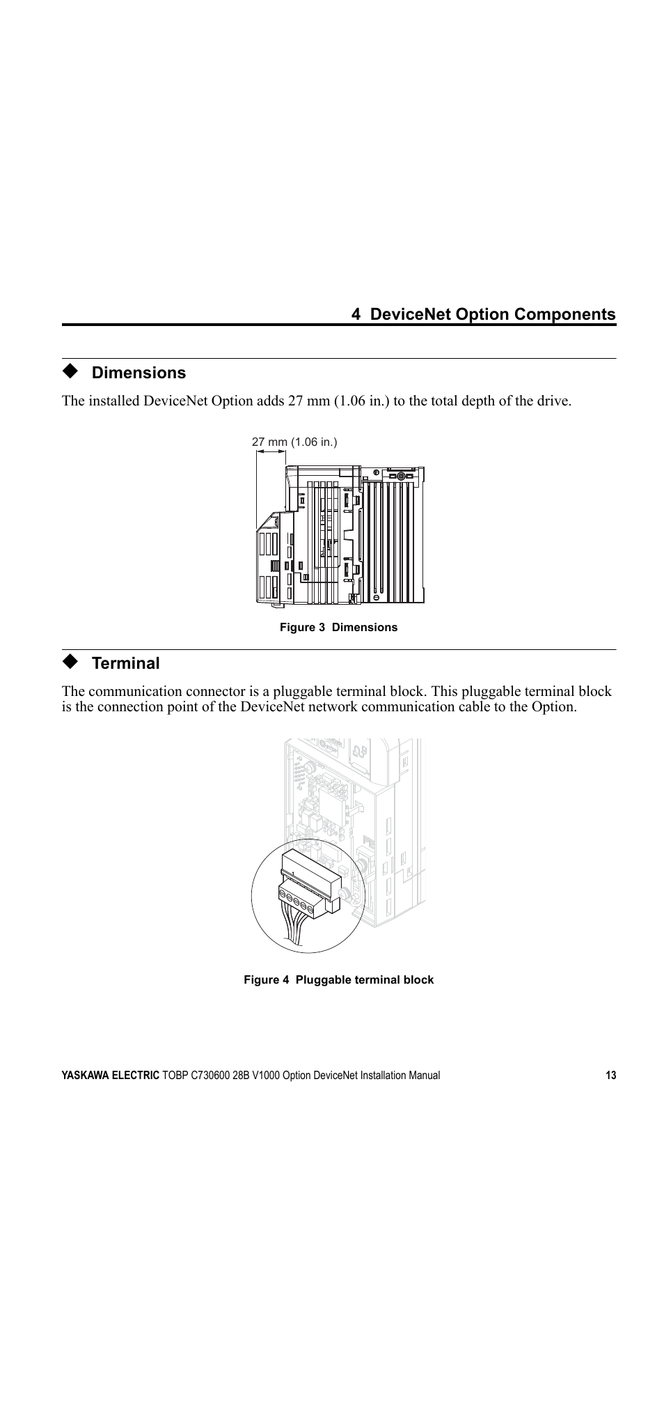 Dimensions, Terminal, 4 devicenet option components | Yaskawa V1000 Option DeviceNet User Manual | Page 13 / 37