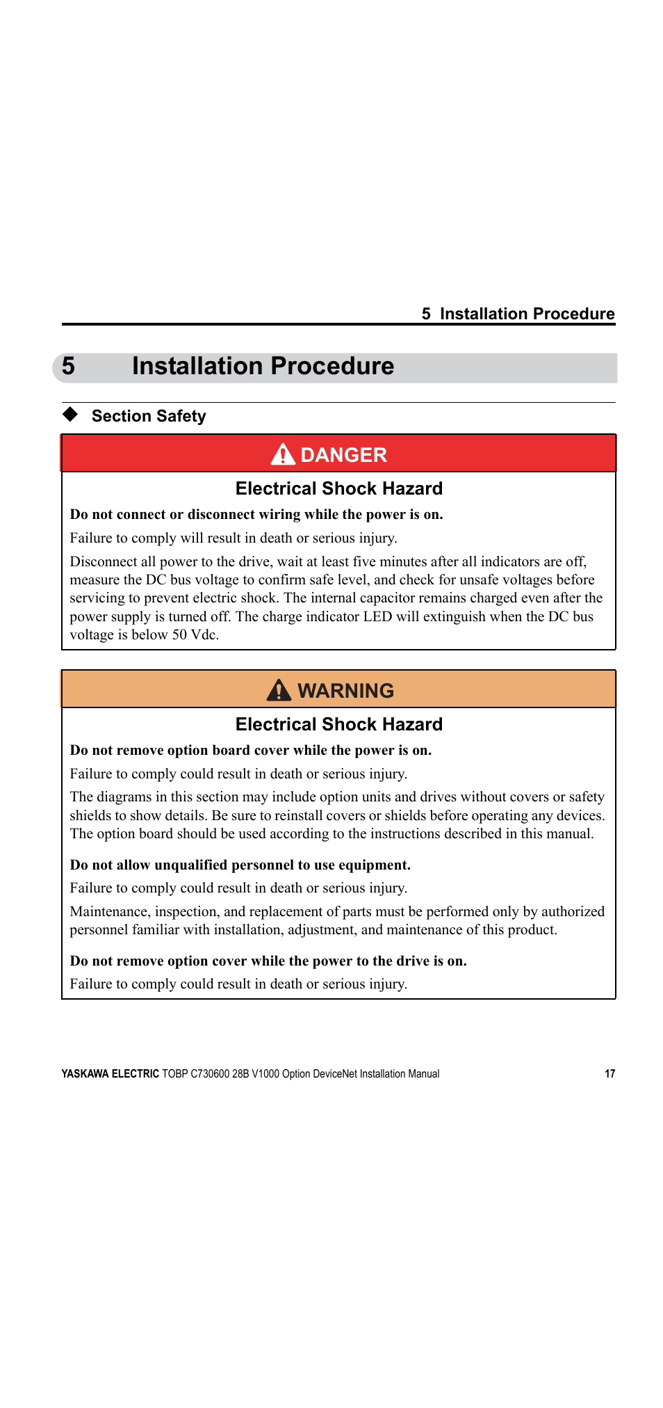5 installation procedure, Section safety, 5installation procedure | Yaskawa V1000 Option DeviceNet User Manual | Page 17 / 37