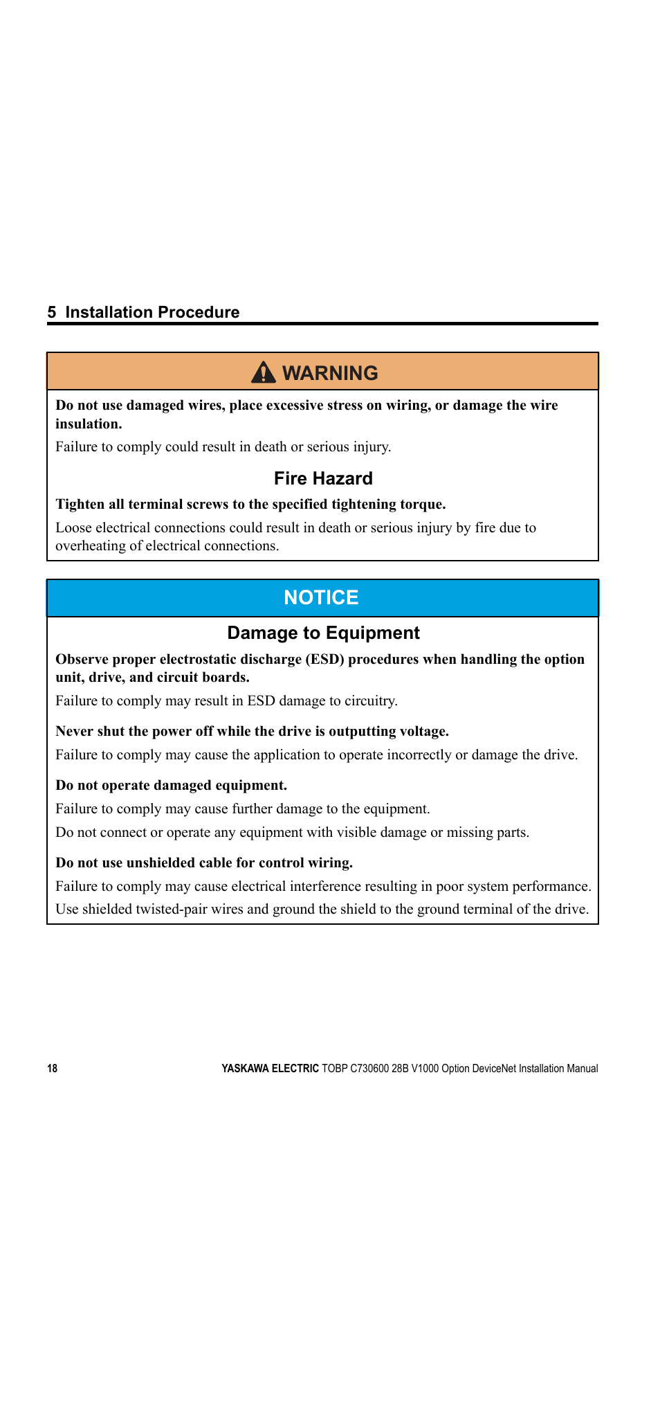 Notice, Warning, Fire hazard | Damage to equipment | Yaskawa V1000 Option DeviceNet User Manual | Page 18 / 37