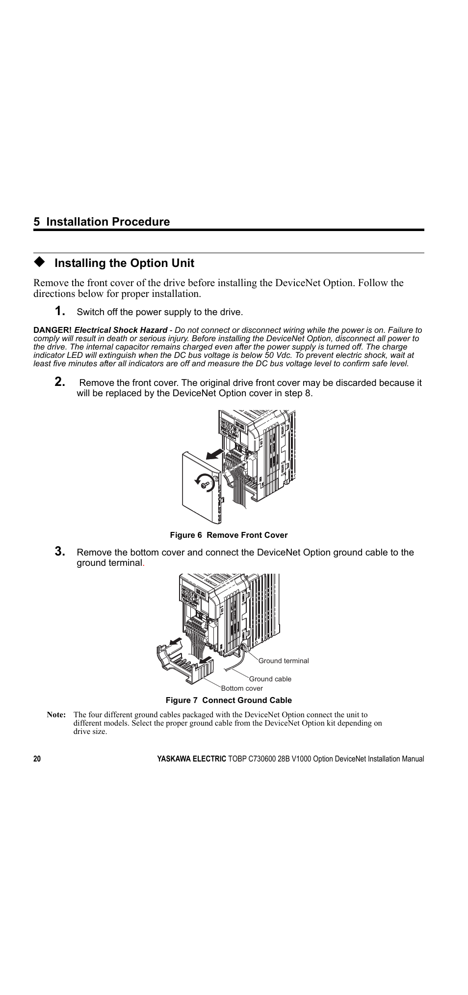 Installing the option unit, 5 installation procedure | Yaskawa V1000 Option DeviceNet User Manual | Page 20 / 37