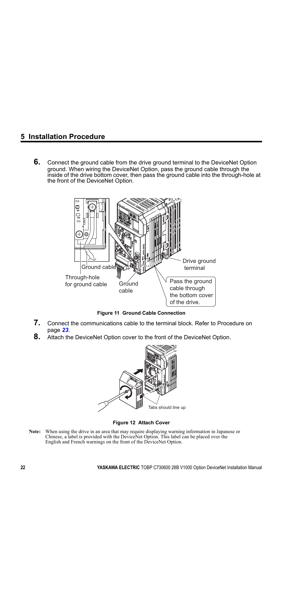 5 installation procedure | Yaskawa V1000 Option DeviceNet User Manual | Page 22 / 37