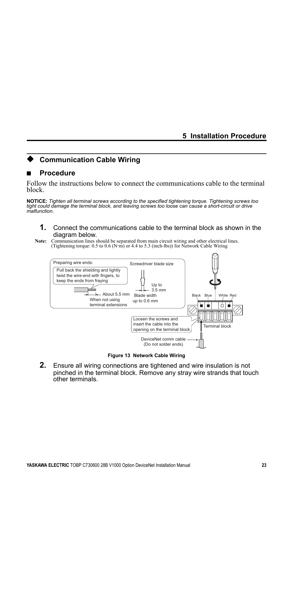 Communication cable wiring, 5 installation procedure | Yaskawa V1000 Option DeviceNet User Manual | Page 23 / 37