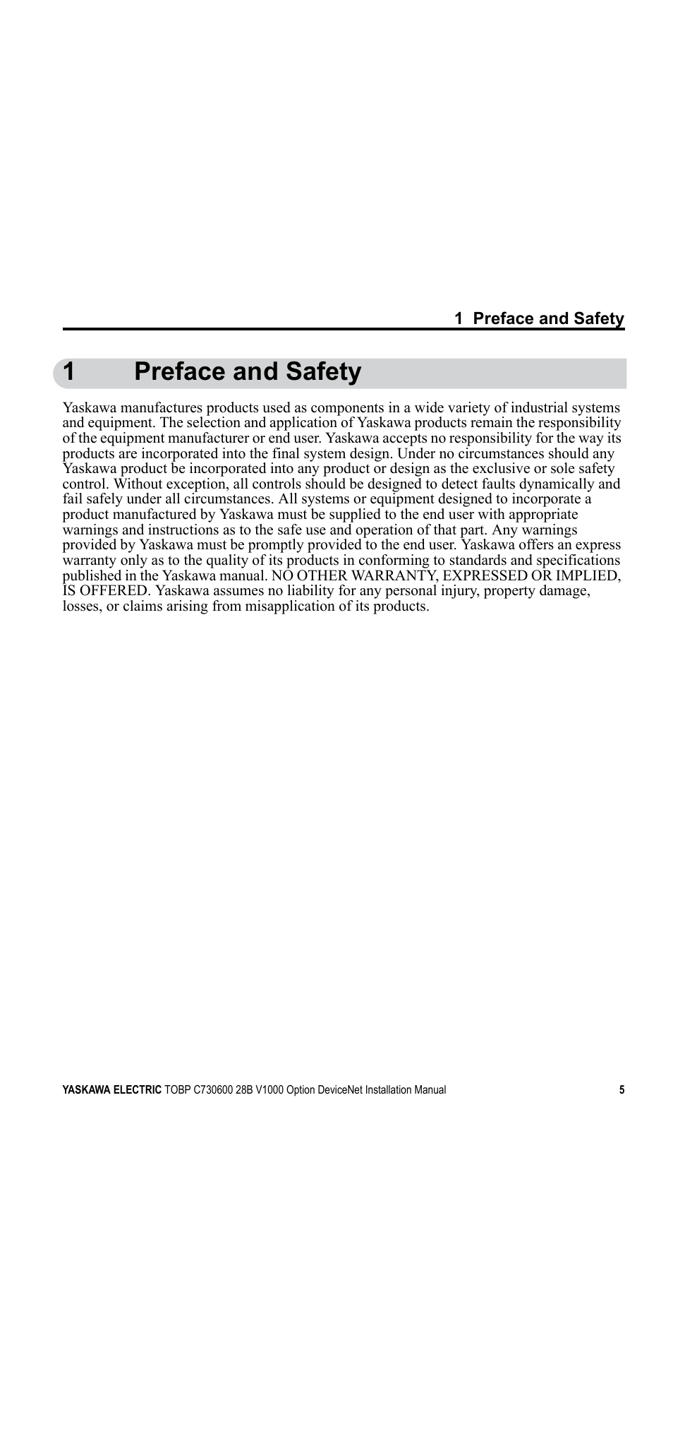 1 preface and safety, Safety, 1preface and safety | Yaskawa V1000 Option DeviceNet User Manual | Page 5 / 37