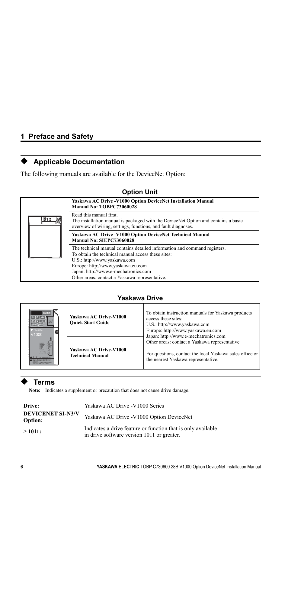 Applicable documentation, Terms, 1 preface and safety | Option unit, Yaskawa drive | Yaskawa V1000 Option DeviceNet User Manual | Page 6 / 37