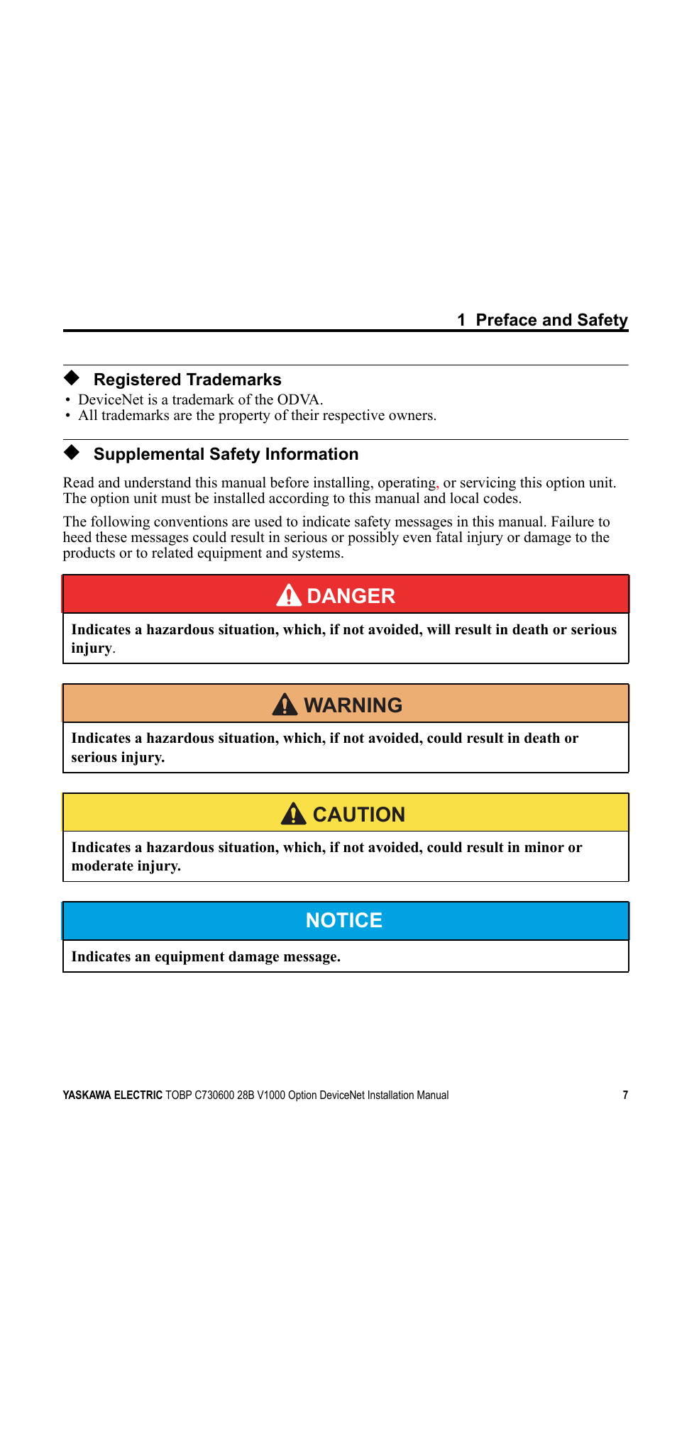 Registered trademarks, Supplemental safety information, Danger | Warning, Caution, Notice | Yaskawa V1000 Option DeviceNet User Manual | Page 7 / 37