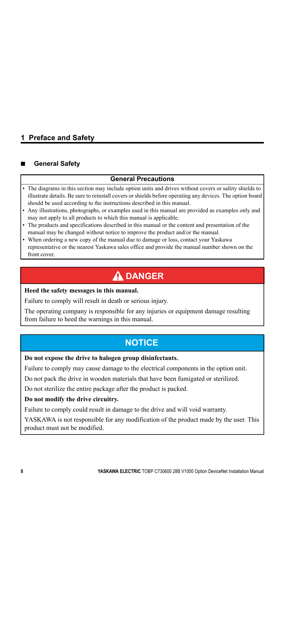 Danger, Notice | Yaskawa V1000 Option DeviceNet User Manual | Page 8 / 37