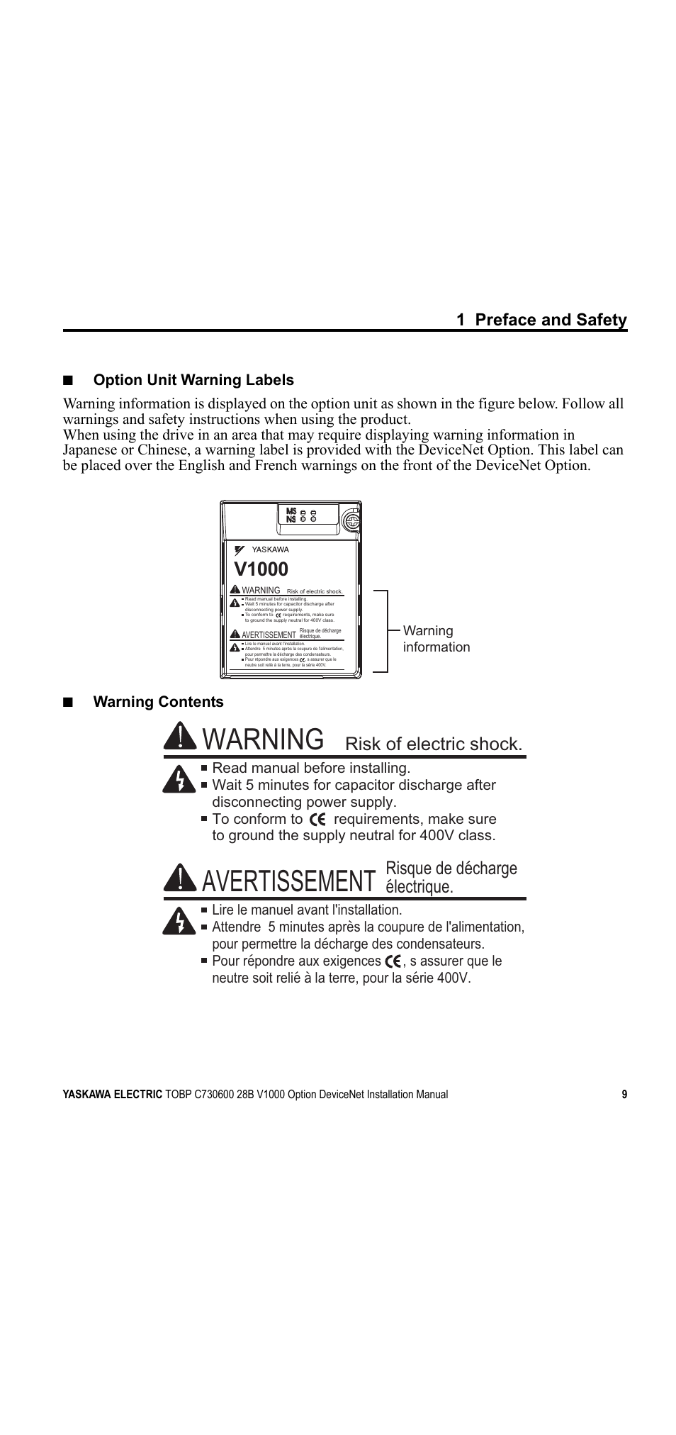 Avertissement, Warning, V1000 | 1 preface and safety | Yaskawa V1000 Option DeviceNet User Manual | Page 9 / 37