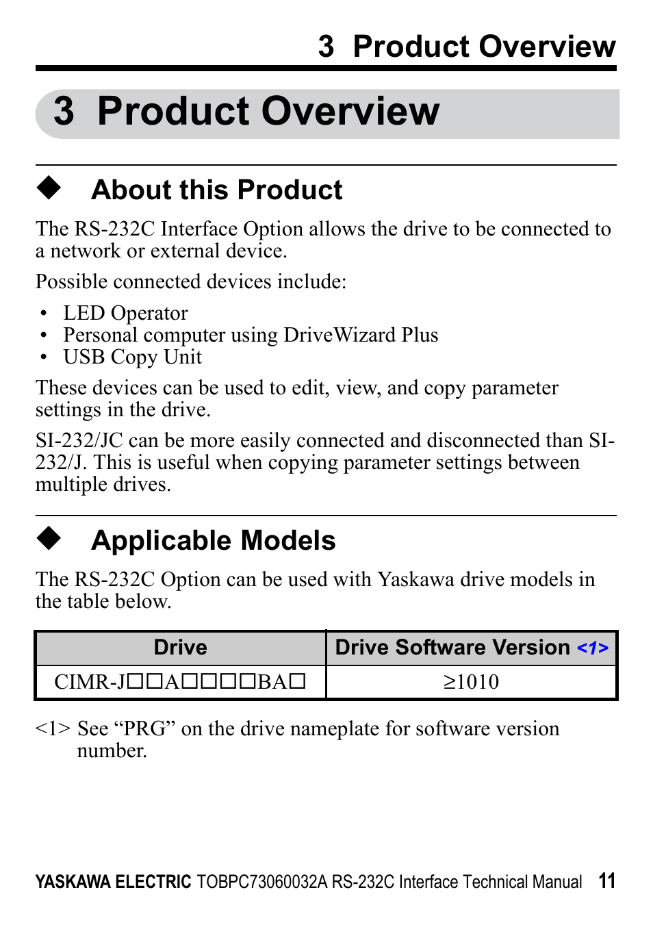 3 product overview, About this product, Applicable models | Yaskawa RS-232C Interface User Manual | Page 11 / 25