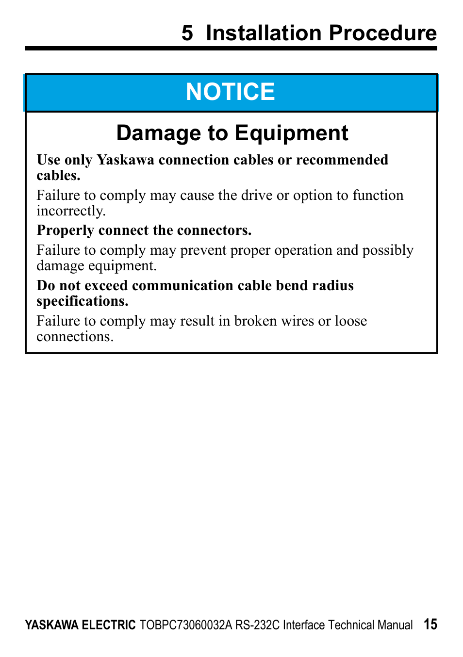 Notice, 5 installation procedure, Damage to equipment | Yaskawa RS-232C Interface User Manual | Page 15 / 25