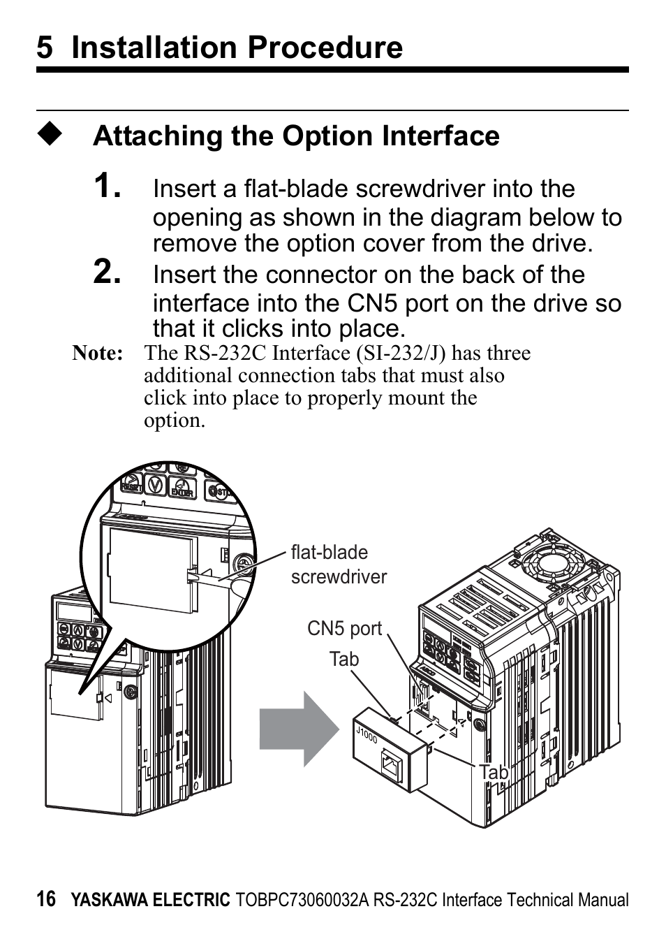 Attaching the option interface, 5 installation procedure | Yaskawa RS-232C Interface User Manual | Page 16 / 25