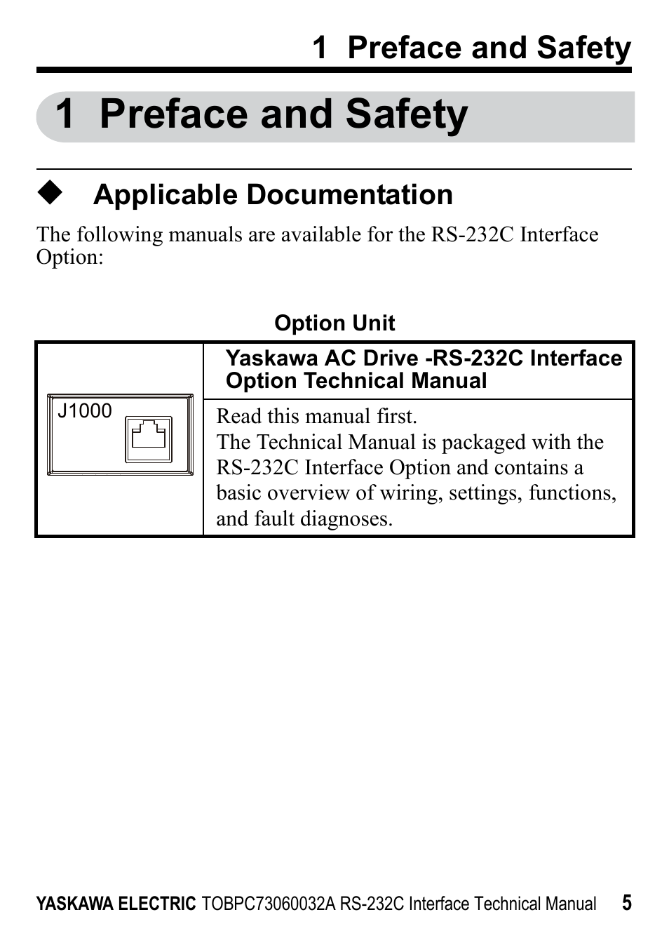 1 preface and safety, Applicable documentation | Yaskawa RS-232C Interface User Manual | Page 5 / 25