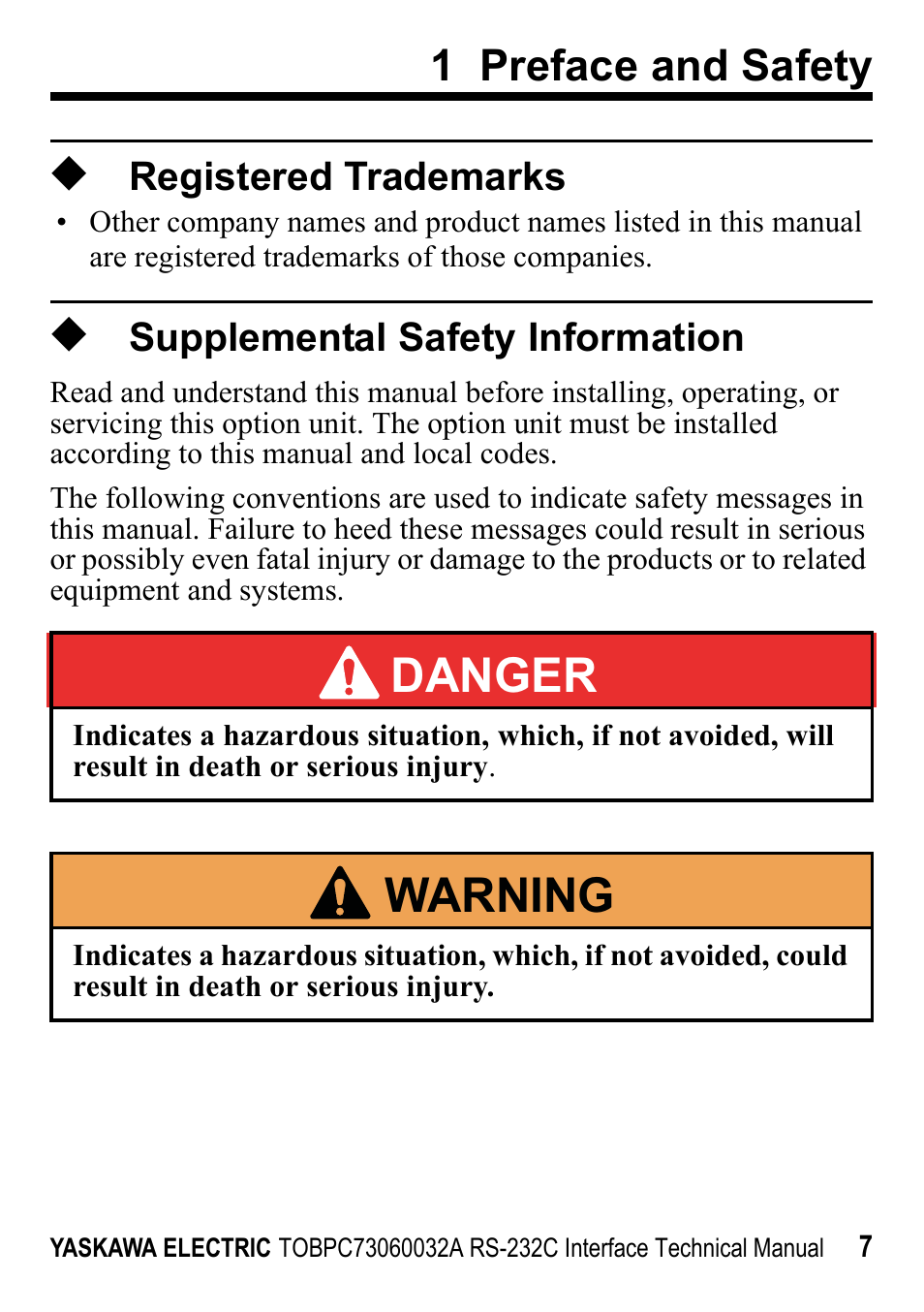 Registered trademarks, Supplemental safety information, Danger | W arning, 1 preface and safety | Yaskawa RS-232C Interface User Manual | Page 7 / 25