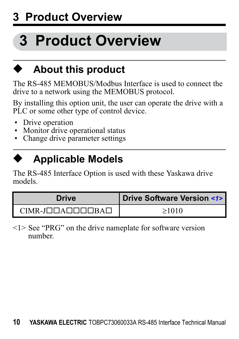 3 product overview, About this product, Applicable models | Yaskawa RS-485 MEMOBUS User Manual | Page 10 / 30