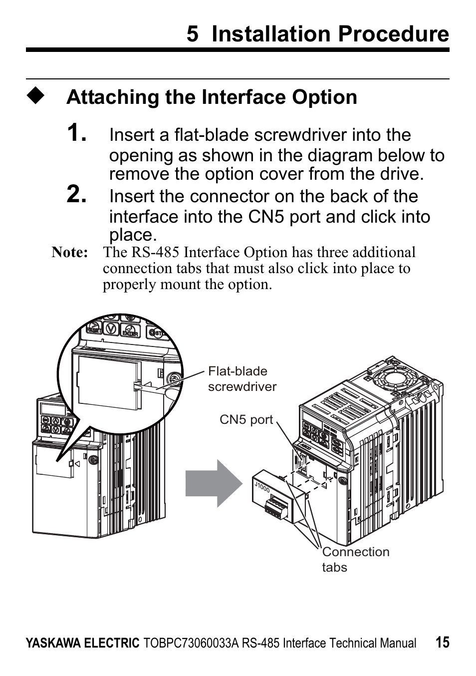 Attaching the interface option, 5 installation procedure | Yaskawa RS-485 MEMOBUS User Manual | Page 15 / 30