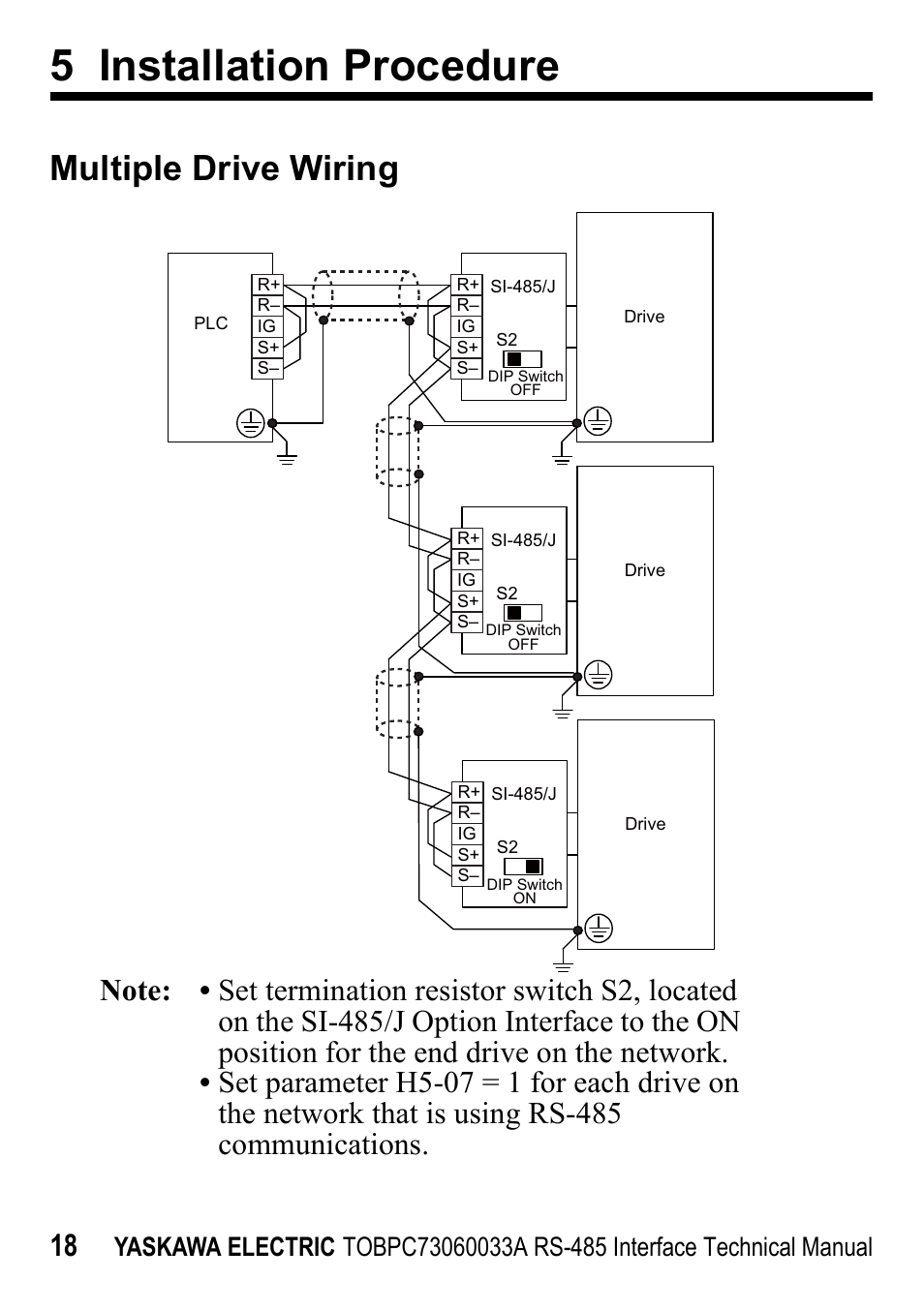 5 installation procedure, Multiple drive wiring | Yaskawa RS-485 MEMOBUS User Manual | Page 18 / 30