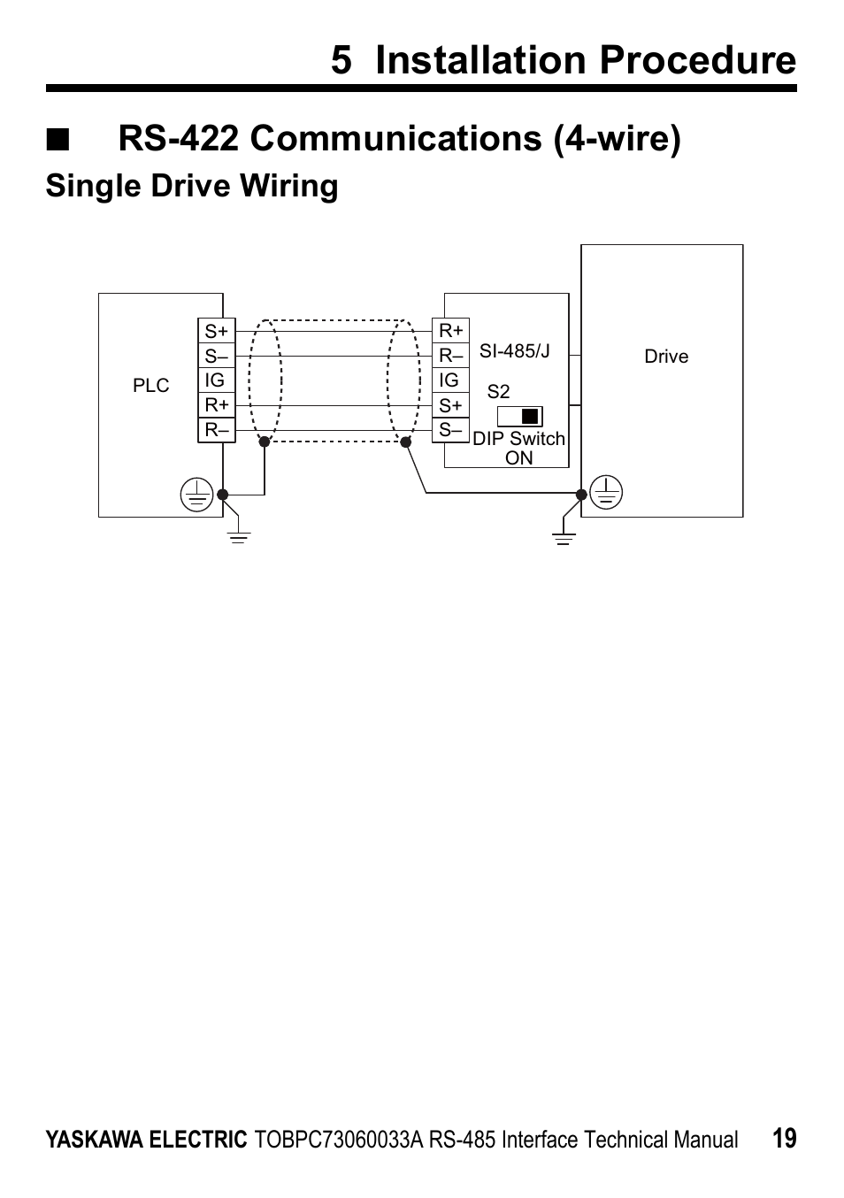 5 installation procedure, Rs-422 communications (4-wire), Single drive wiring | Yaskawa RS-485 MEMOBUS User Manual | Page 19 / 30