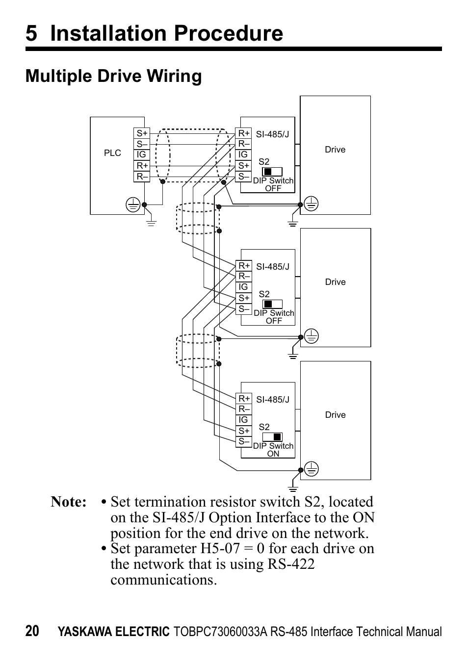 5 installation procedure, Multiple drive wiring | Yaskawa RS-485 MEMOBUS User Manual | Page 20 / 30