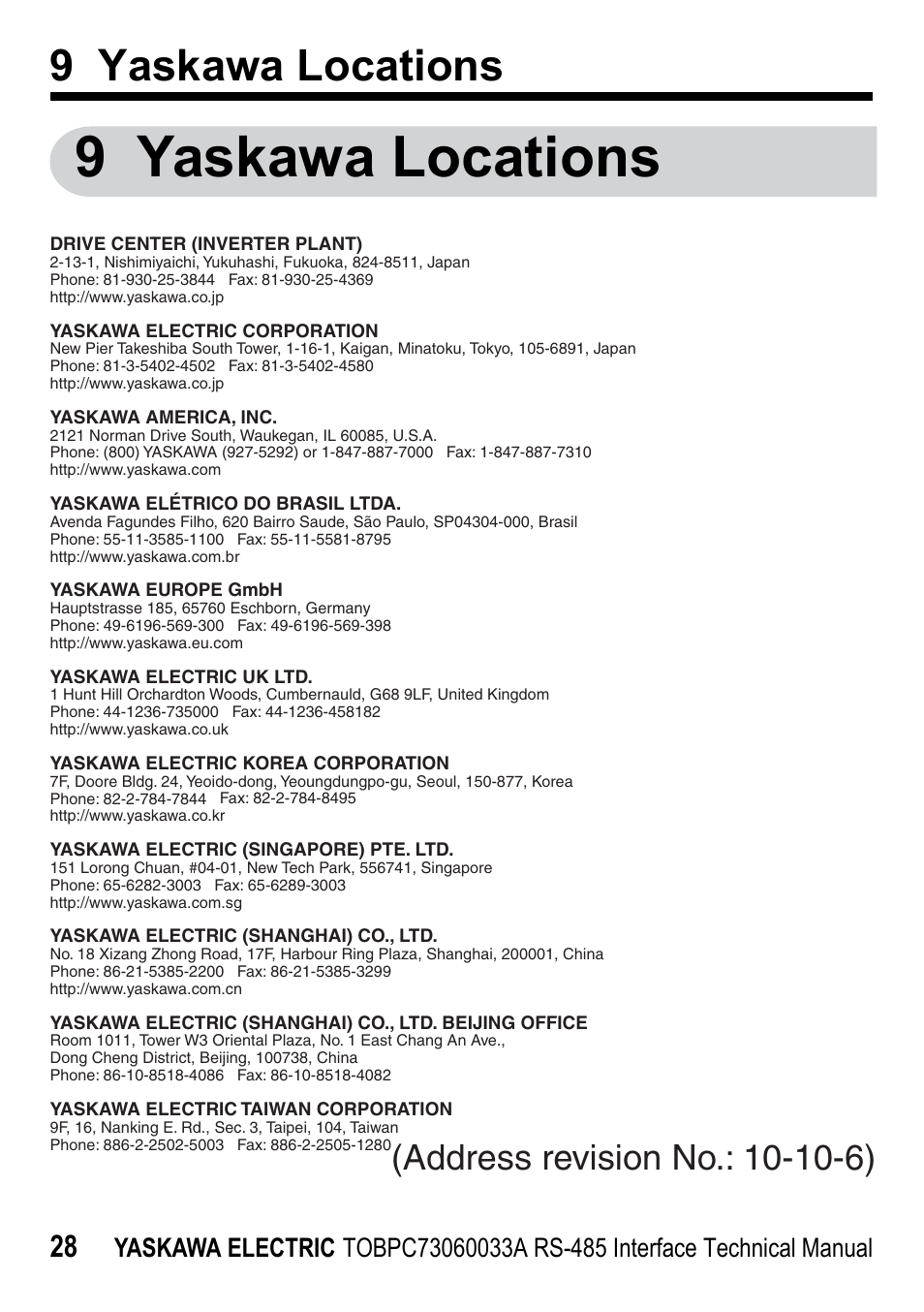 9 yaskawa locations, Yaskawa electric | Yaskawa RS-485 MEMOBUS User Manual | Page 28 / 30