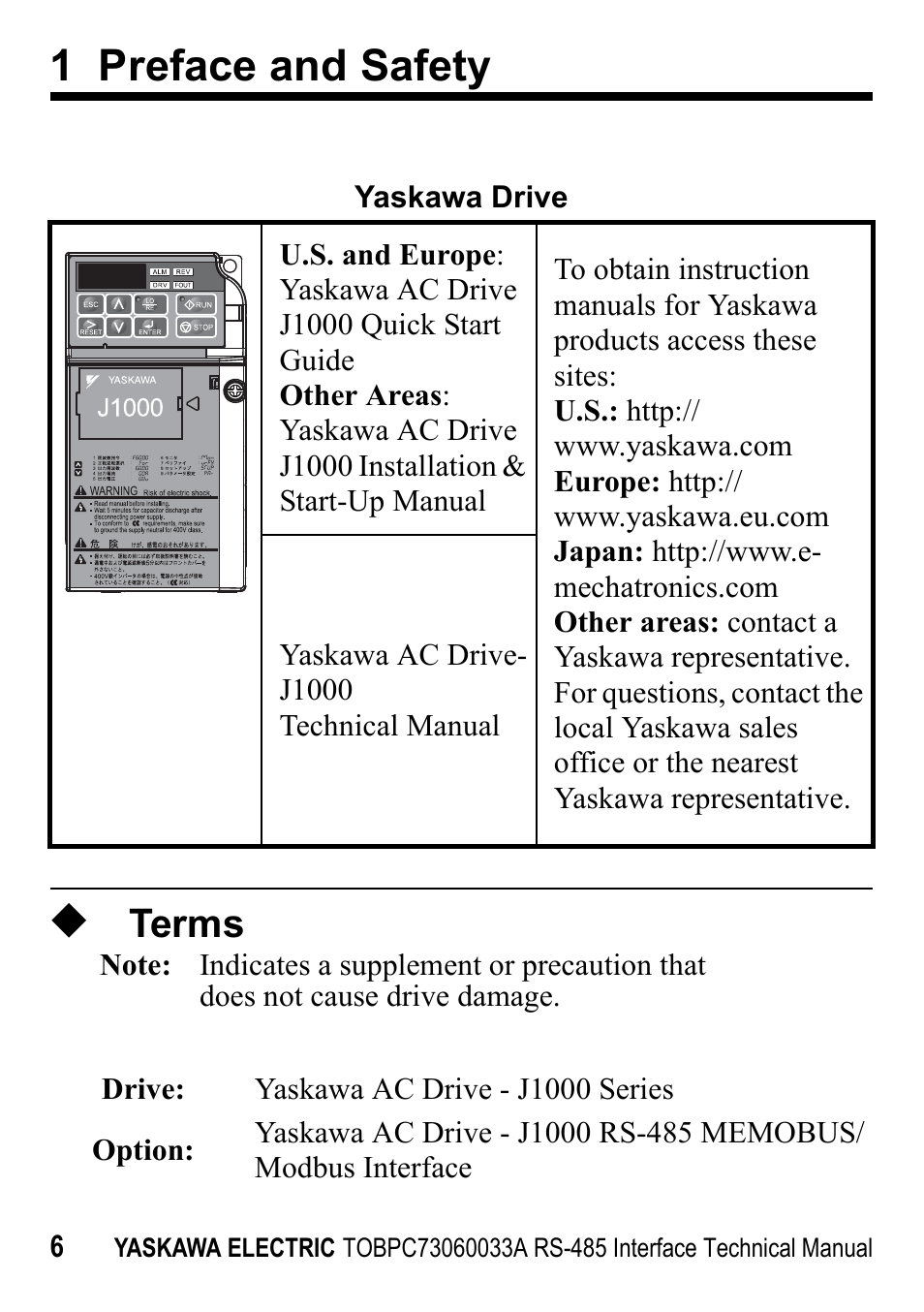Terms, 1 preface and safety | Yaskawa RS-485 MEMOBUS User Manual | Page 6 / 30