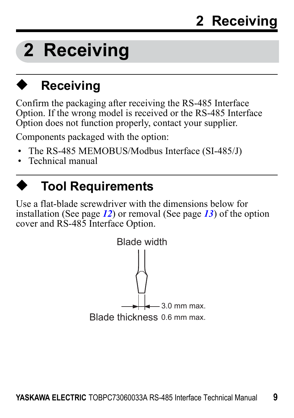 2 receiving, Receiving, Tool requirements | Yaskawa RS-485 MEMOBUS User Manual | Page 9 / 30