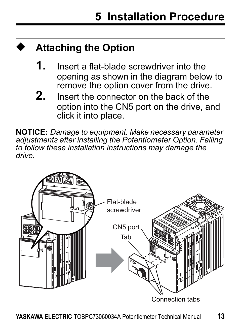 Attaching the option, 5 installation procedure | Yaskawa J1000 Option Potentiometer User Manual | Page 12 / 20