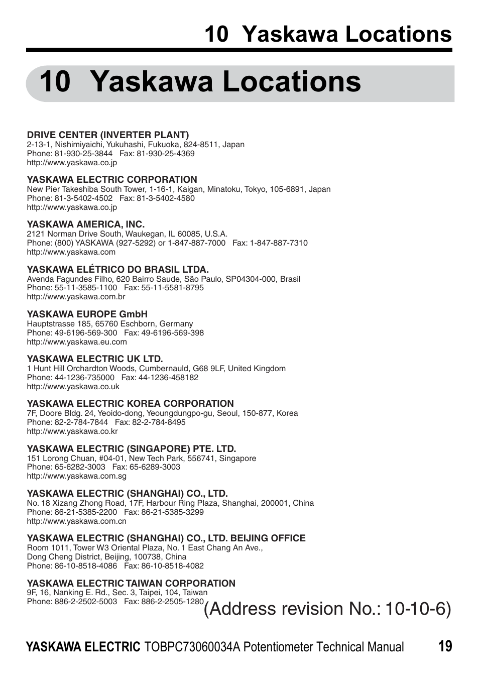 10 yaskawa locations, Yaskawa electric | Yaskawa J1000 Option Potentiometer User Manual | Page 18 / 20