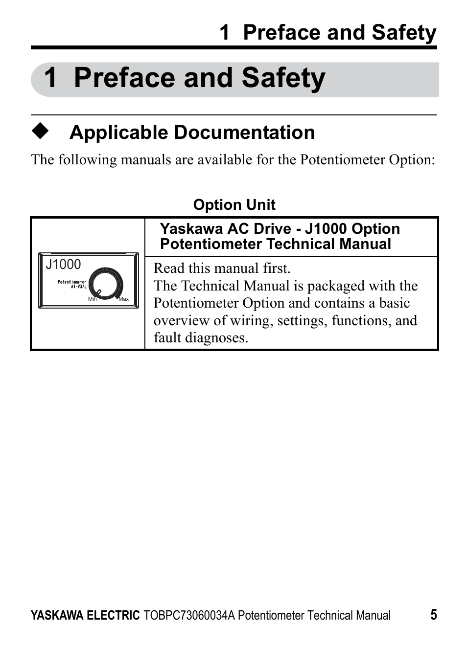 1 preface and safety, Applicable documentation | Yaskawa J1000 Option Potentiometer User Manual | Page 4 / 20