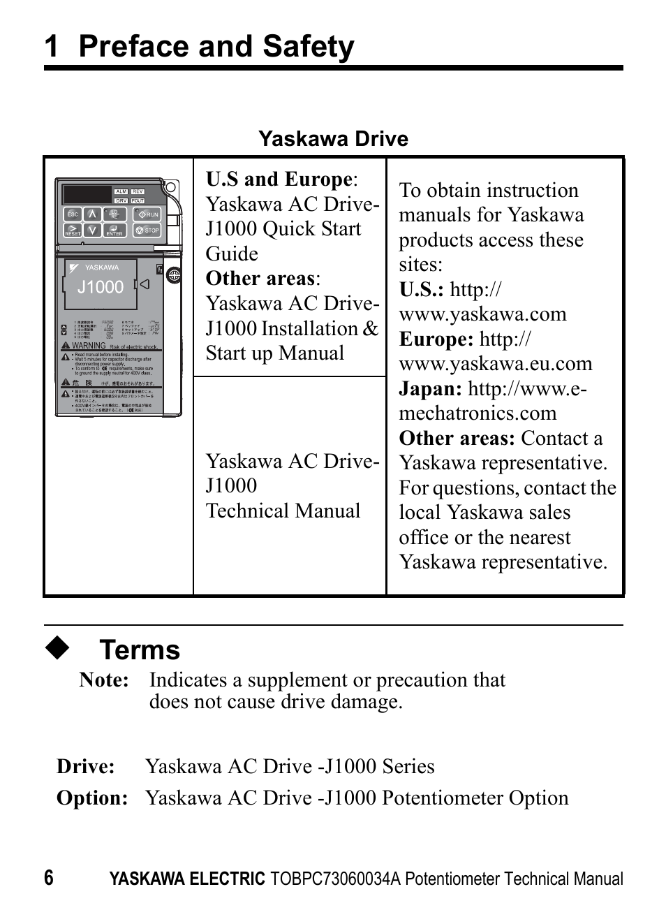 Terms, 1 preface and safety | Yaskawa J1000 Option Potentiometer User Manual | Page 5 / 20