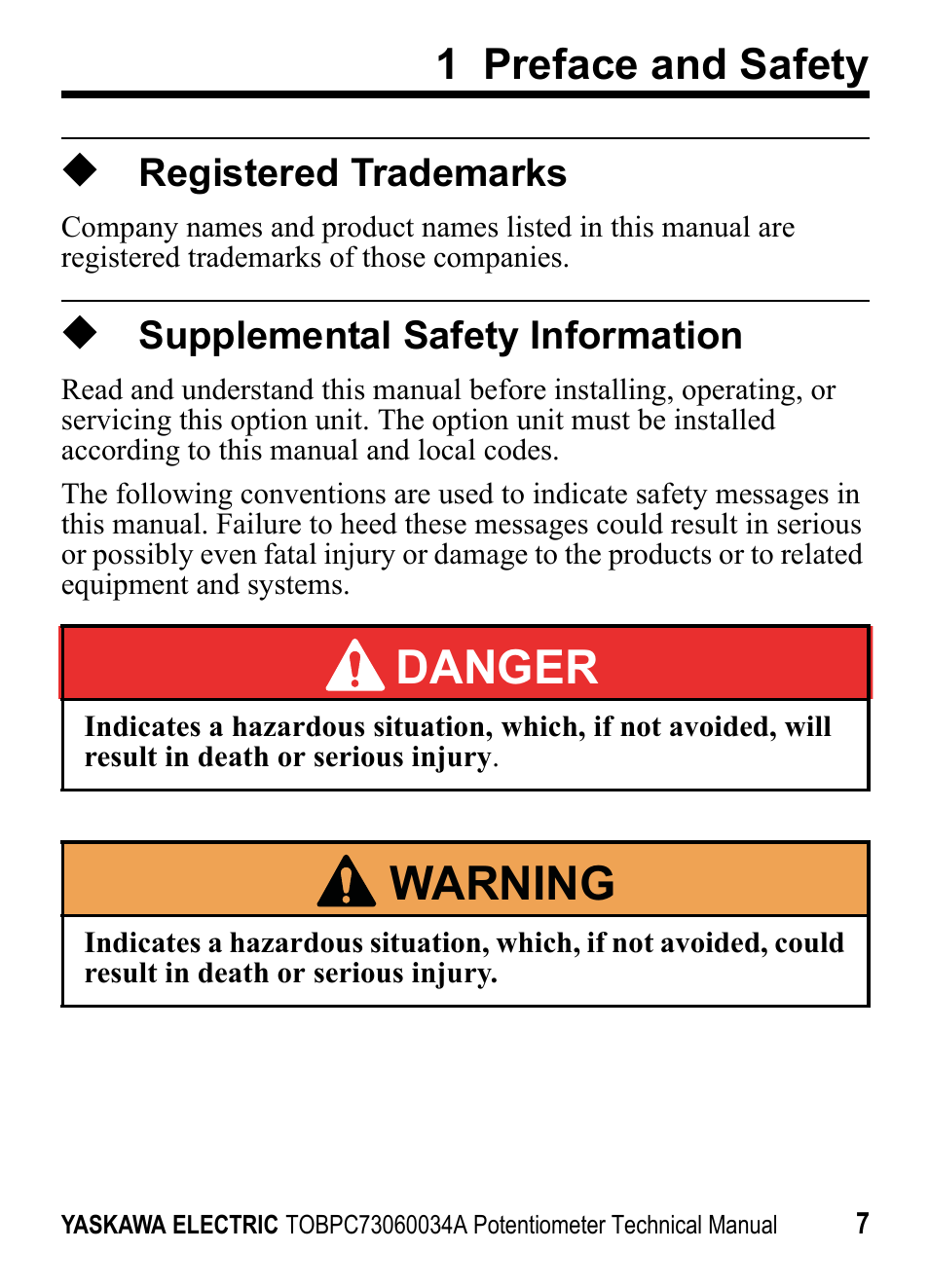 Registered trademarks, Supplemental safety information, Danger | W arning, 1 preface and safety | Yaskawa J1000 Option Potentiometer User Manual | Page 6 / 20