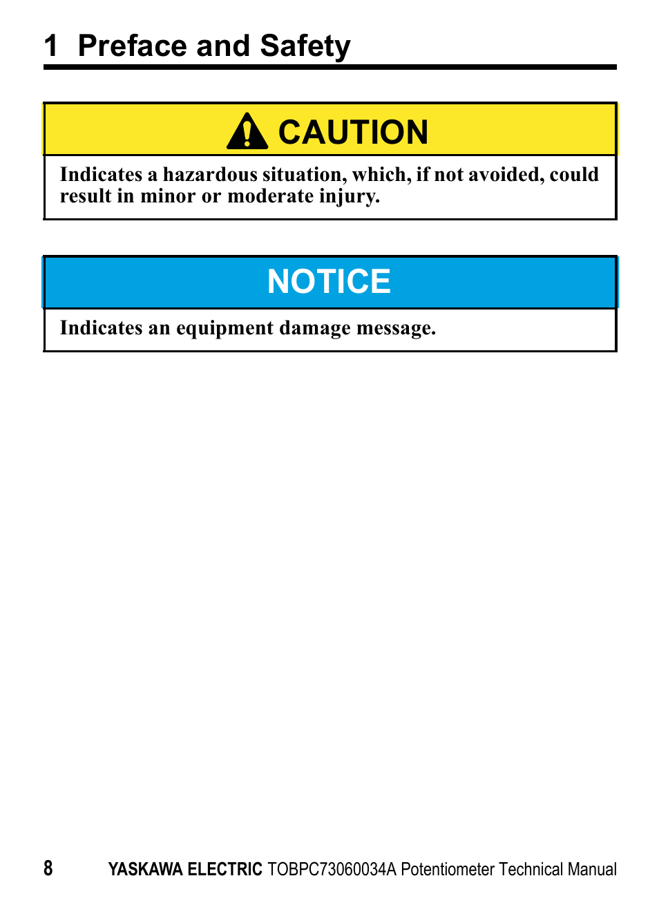 Caution, Notice, 1 preface and safety | Yaskawa J1000 Option Potentiometer User Manual | Page 7 / 20
