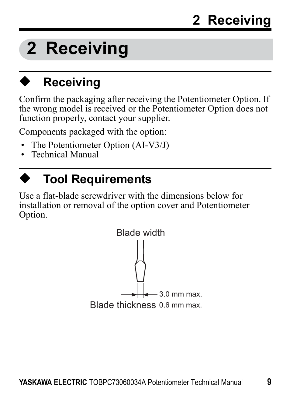 2 receiving, Receiving, Tool requirements | Yaskawa J1000 Option Potentiometer User Manual | Page 8 / 20