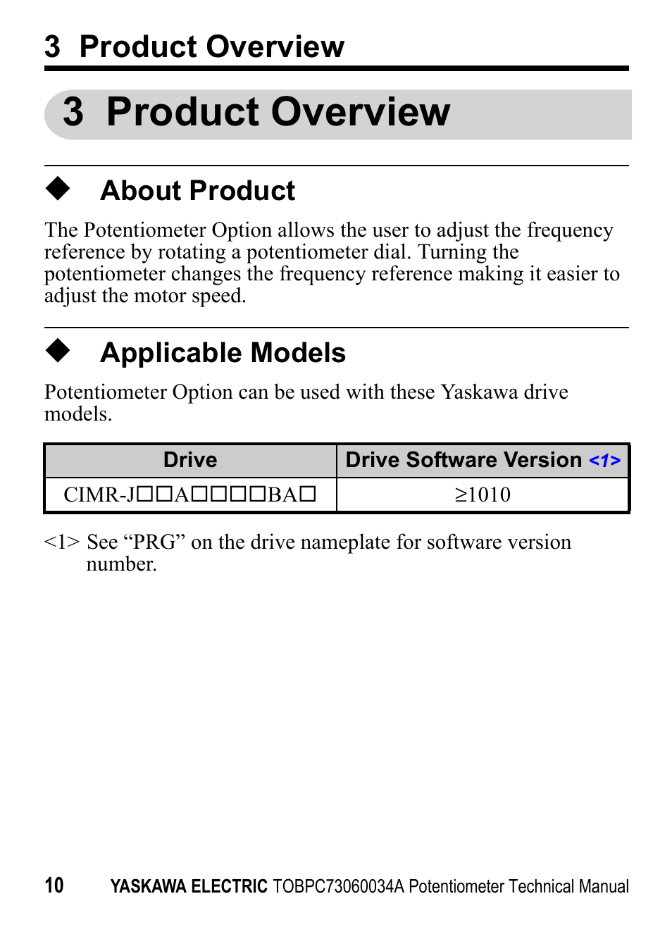 3 product overview, About product, Applicable models | Yaskawa J1000 Option Potentiometer User Manual | Page 9 / 20