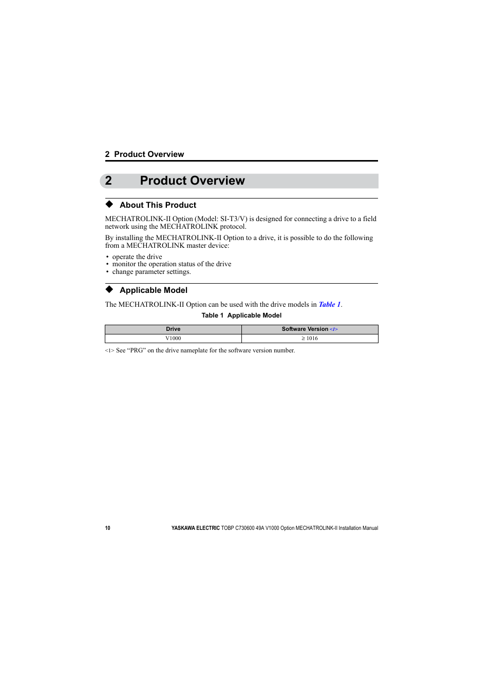 2 product overview, About this product, Applicable model | 2product overview | Yaskawa V1000 Option Mechatrolink-II SI-T3/V User Manual | Page 10 / 30