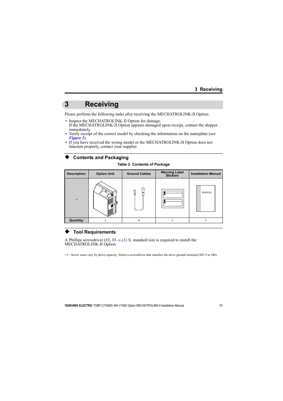 3 receiving, Contents and packaging, Tool requirements | 3receiving | Yaskawa V1000 Option Mechatrolink-II SI-T3/V User Manual | Page 11 / 30