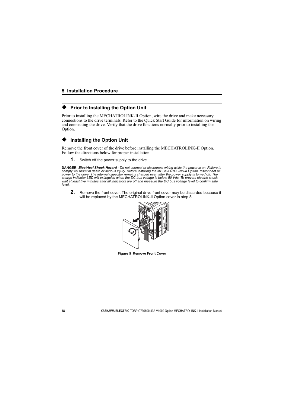 Prior to installing the option unit, Installing the option unit | Yaskawa V1000 Option Mechatrolink-II SI-T3/V User Manual | Page 18 / 30