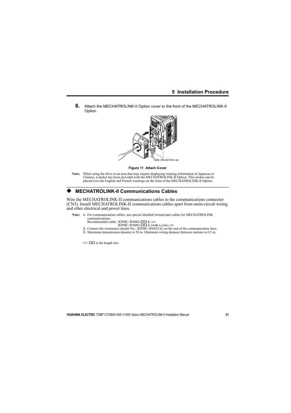Mechatrolink-ii communications cables | Yaskawa V1000 Option Mechatrolink-II SI-T3/V User Manual | Page 21 / 30