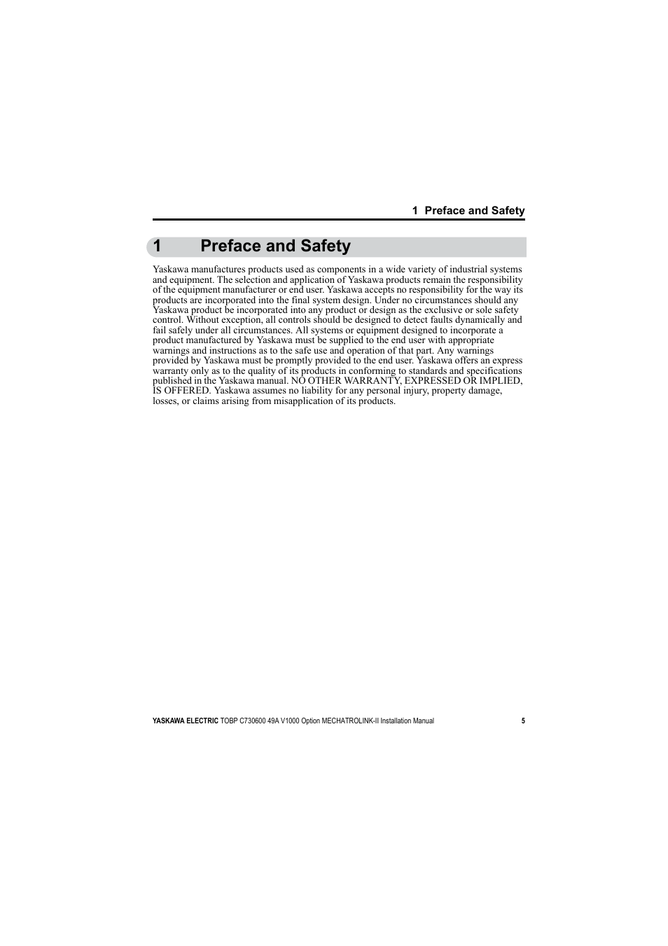 1 preface and safety, 1preface and safety | Yaskawa V1000 Option Mechatrolink-II SI-T3/V User Manual | Page 5 / 30