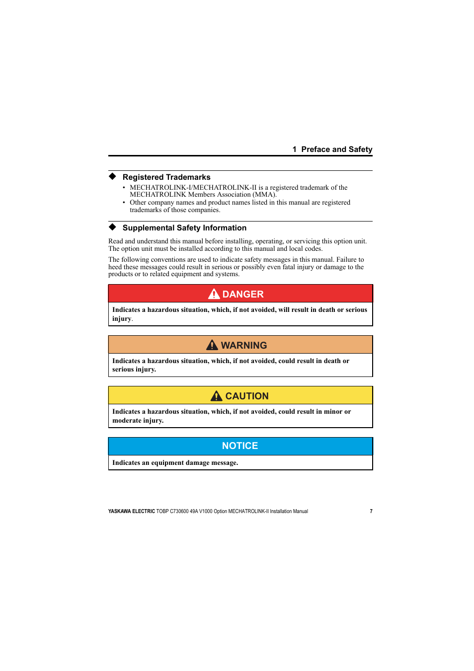 Registered trademarks, Supplemental safety information, Danger | Warning, Caution, Notice | Yaskawa V1000 Option Mechatrolink-II SI-T3/V User Manual | Page 7 / 30