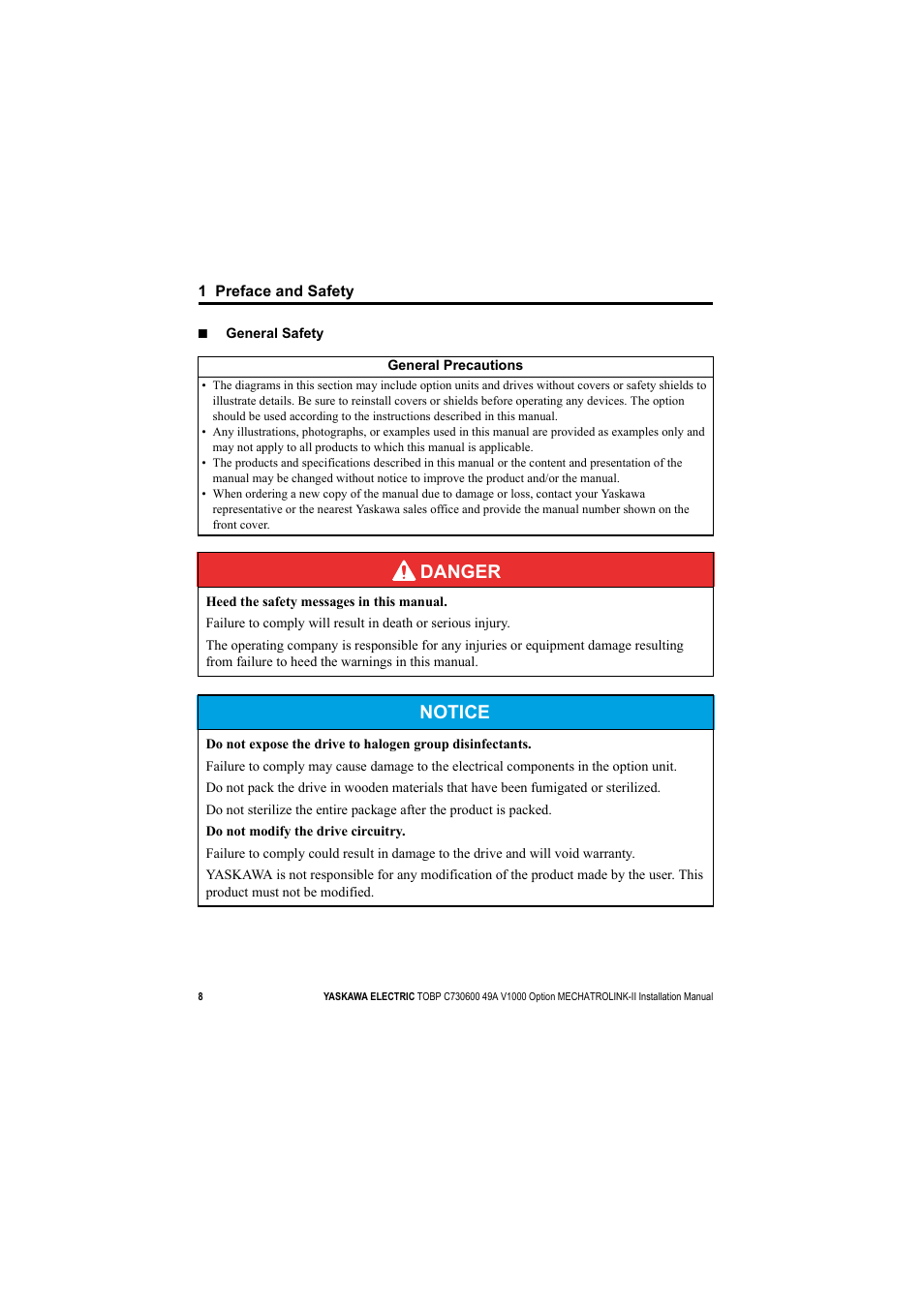Danger, Notice | Yaskawa V1000 Option Mechatrolink-II SI-T3/V User Manual | Page 8 / 30
