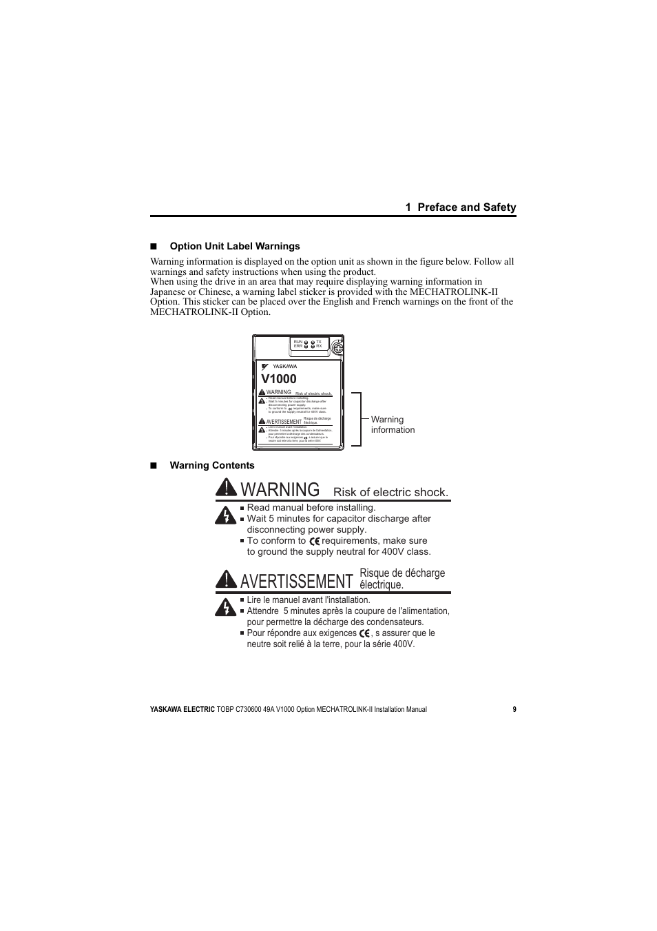 Avertissement, Warning, V1000 | Yaskawa V1000 Option Mechatrolink-II SI-T3/V User Manual | Page 9 / 30