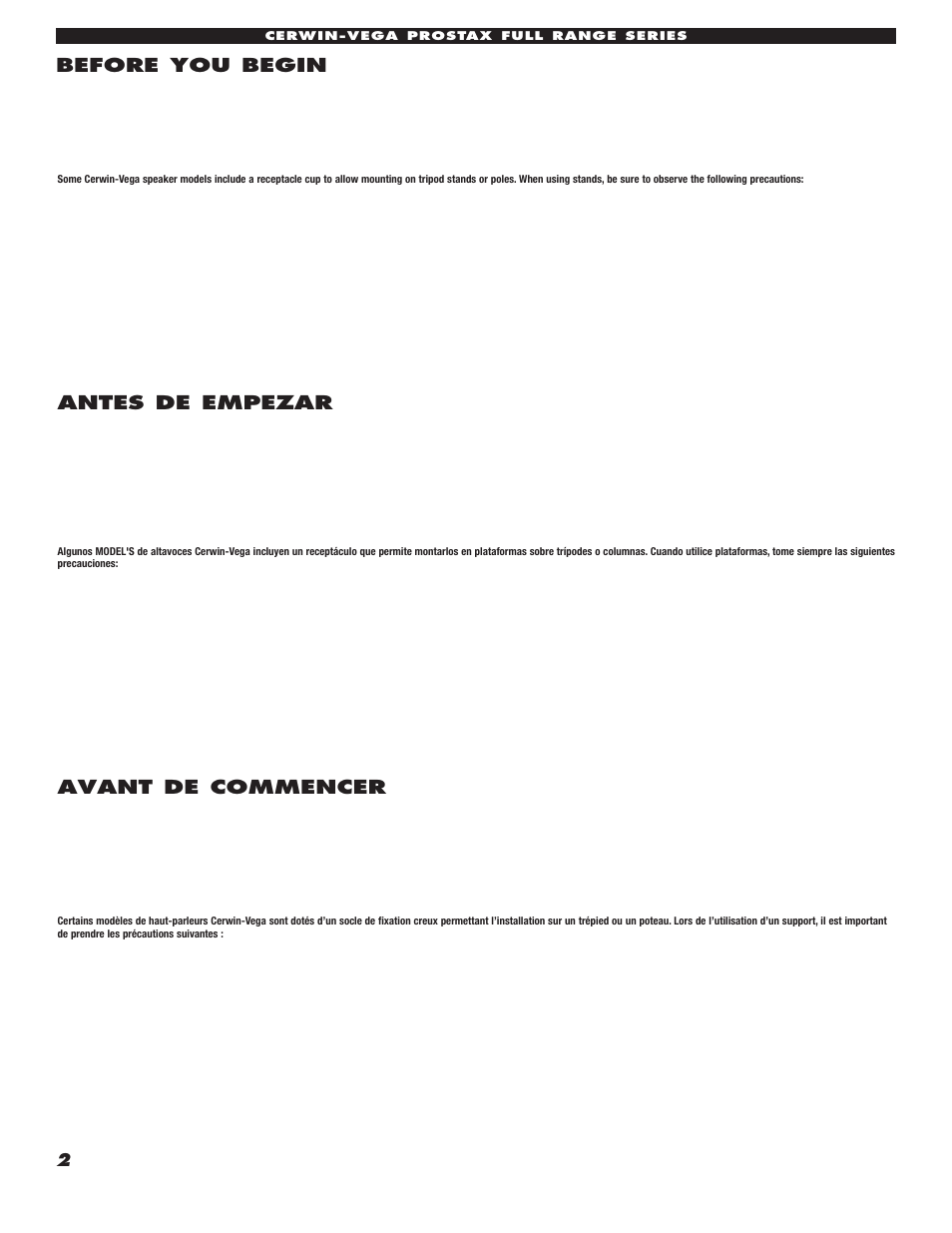 Before you begin, Antes de empezar, Avant de commencer | Cerwin-Vega ProStax PSX-36 User Manual | Page 2 / 4