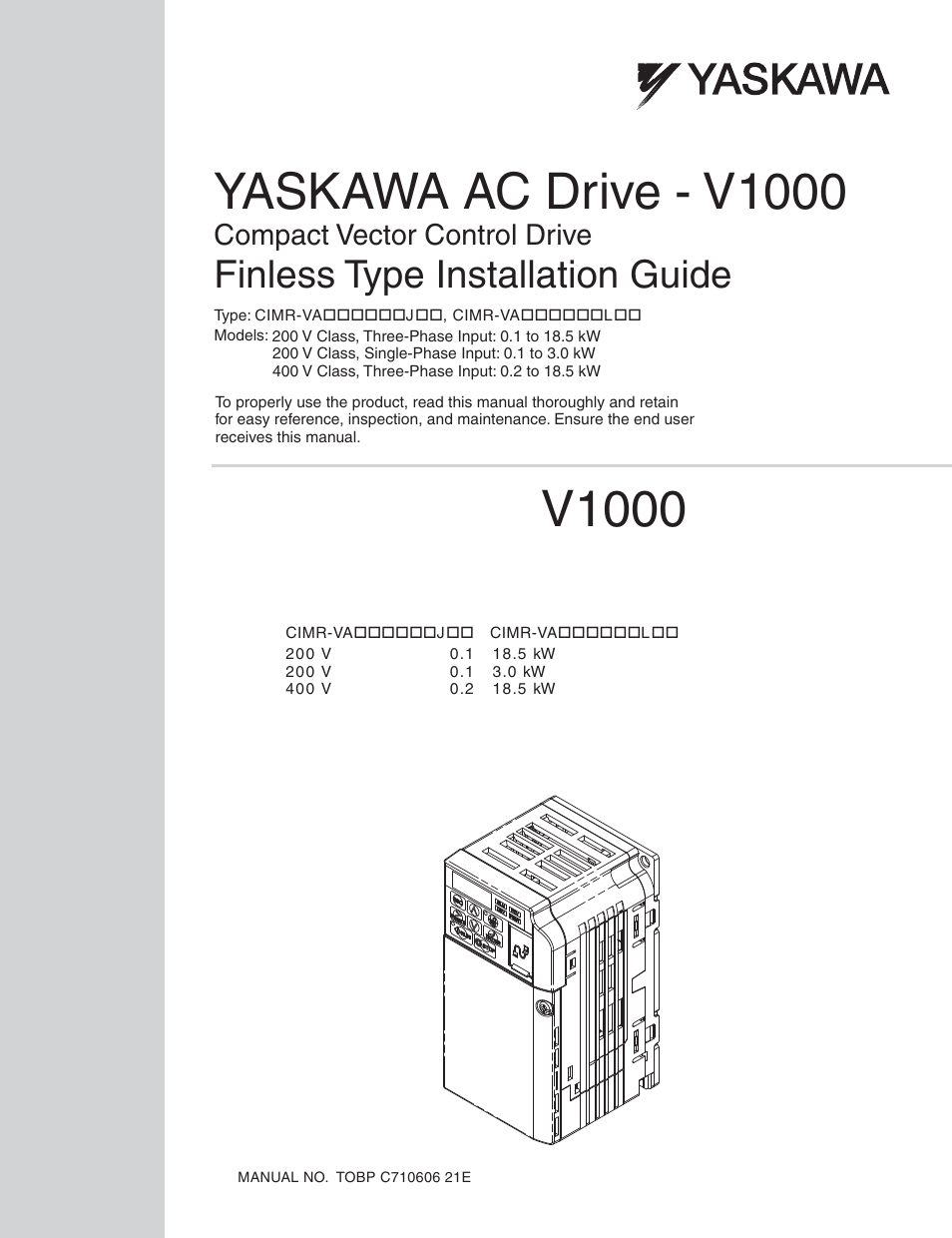 Yaskawa V1000 Finless Type User Manual | 26 pages