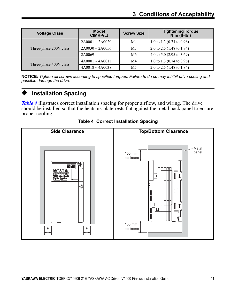 Installation spacing, 3 conditions of acceptability | Yaskawa V1000 Finless Type User Manual | Page 11 / 26