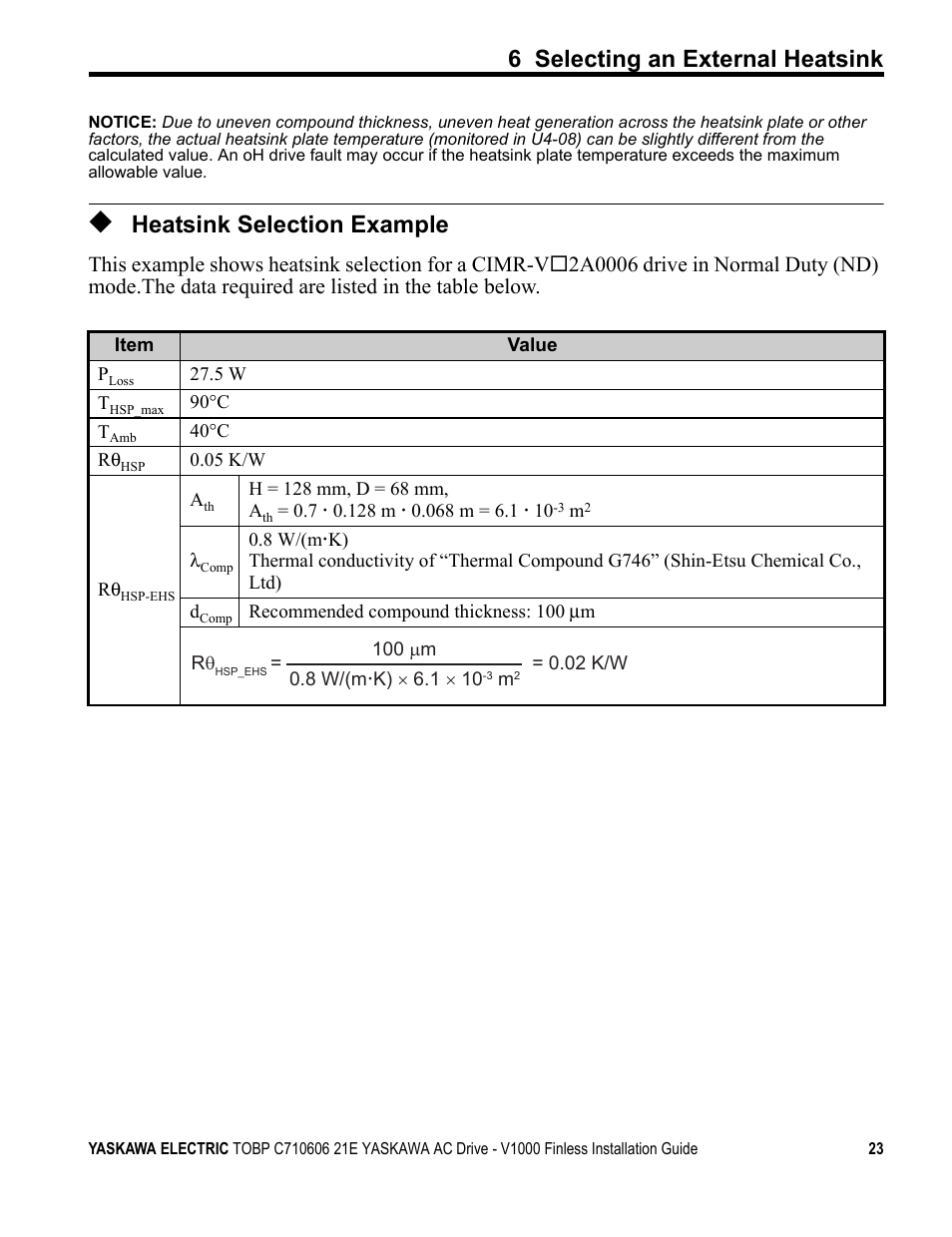 Heatsink selection example, 6 selecting an external heatsink | Yaskawa V1000 Finless Type User Manual | Page 23 / 26