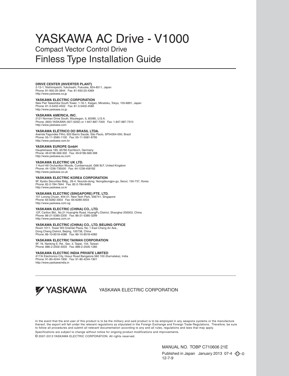 Back cover, Yaskawa ac drive - v1000, Finless type installation guide | Compact vector control drive | Yaskawa V1000 Finless Type User Manual | Page 26 / 26