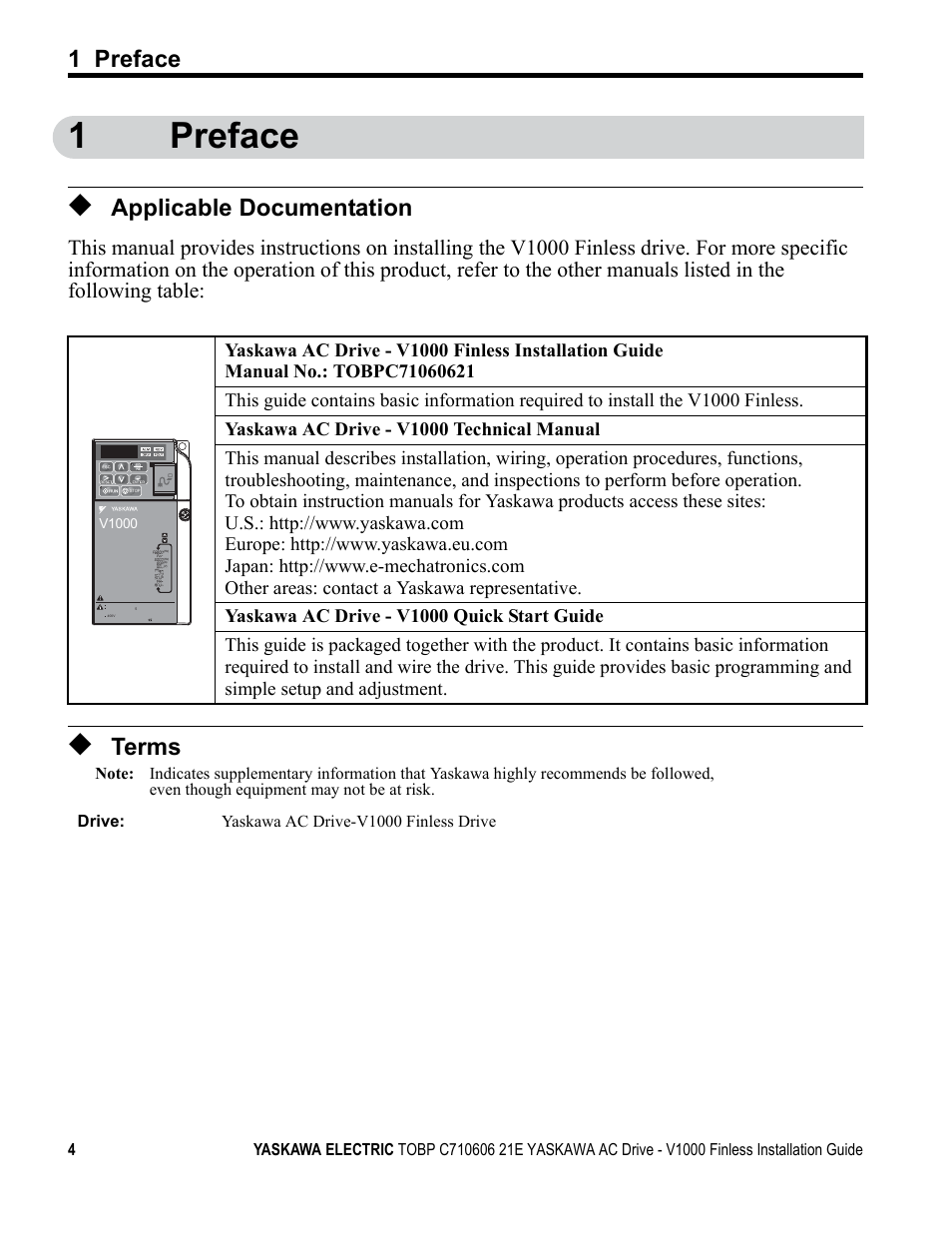 1 preface, Applicable documentation, Terms | 1preface | Yaskawa V1000 Finless Type User Manual | Page 4 / 26