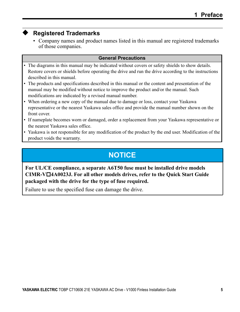 Registered trademarks, Notice | Yaskawa V1000 Finless Type User Manual | Page 5 / 26