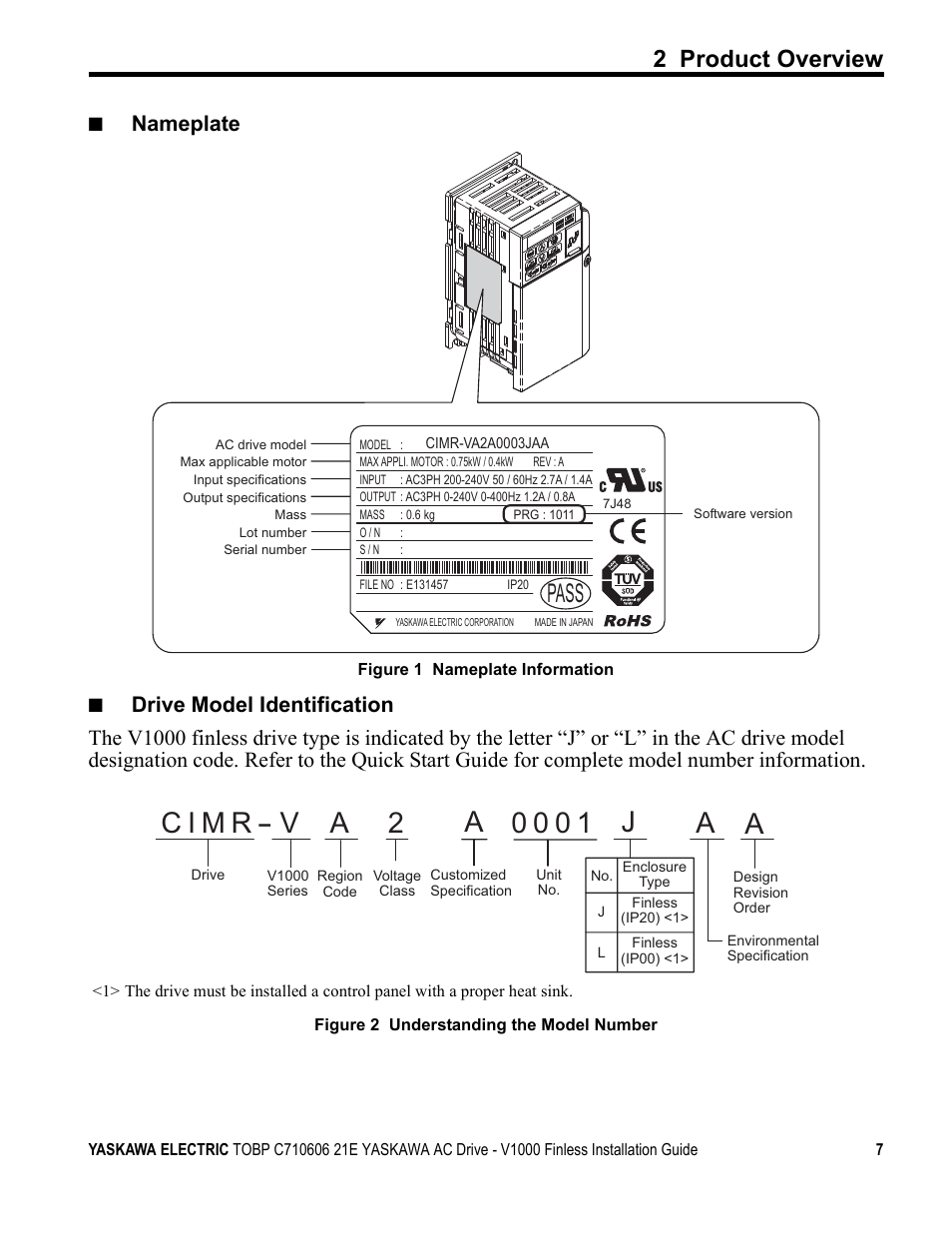 Pass, 2 product overview, Nameplate | Yaskawa V1000 Finless Type User Manual | Page 7 / 26
